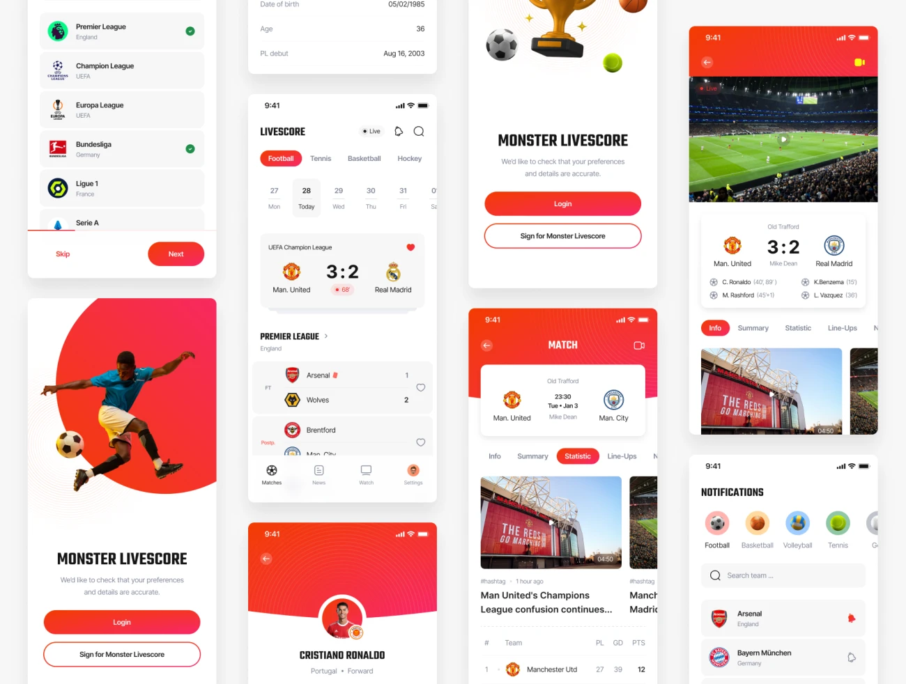 90屏体育赛事安排实时成绩比分应用UI设计套件模板 Monster - Livescore Sport app ui kit  .figma-UI/UX、ui套件、主页、介绍、列表、博客、卡片式、图表、应用、播放器、数据可视化-仪表板、日历、注册、登录页、社交、网站、聊天、表单、详情-到位啦UI