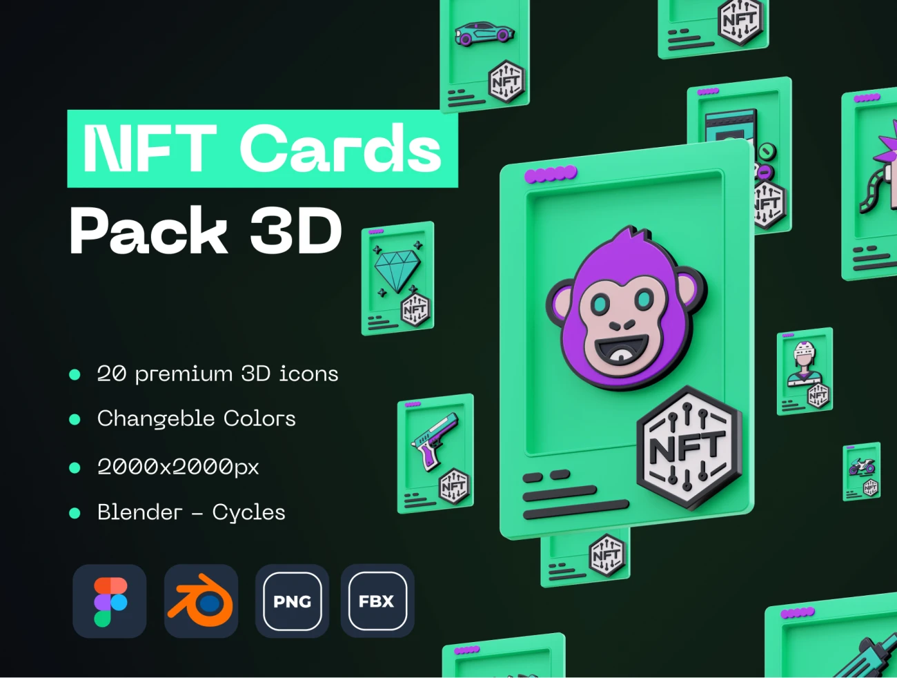 20个NFT作品展示球星卡3D模型模板素材 NFT Cards Pack 3D  .blender .figma-3D/图标-到位啦UI