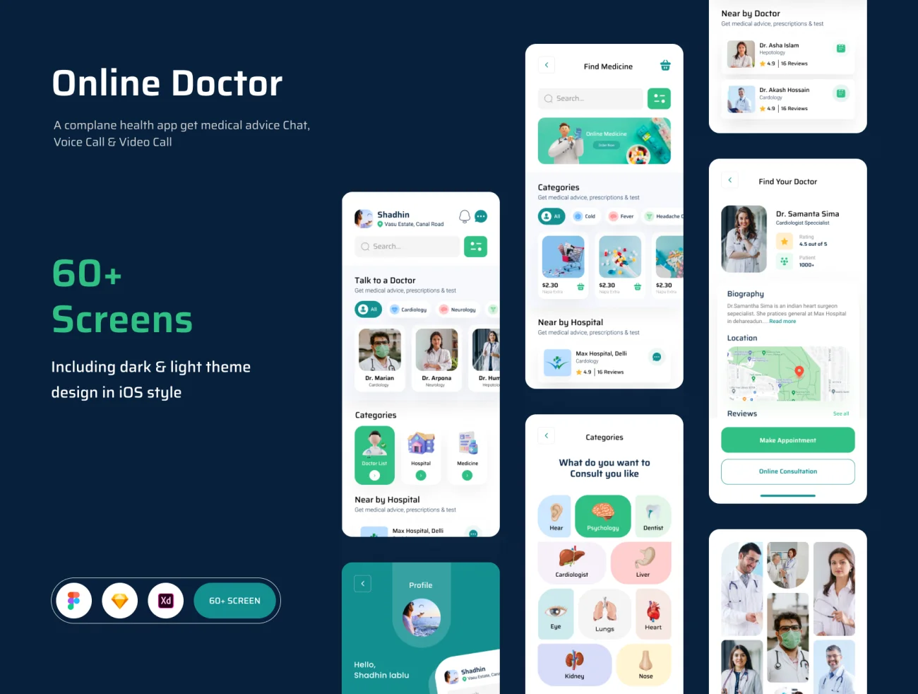 60屏在线门诊医生预约挂号应用UI设计套件素材 Online Doctor App  .sketch .xd .figma插图1