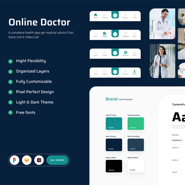 60屏在线门诊医生预约挂号应用UI设计套件素材 Online Doctor App  .sketch .xd .figma