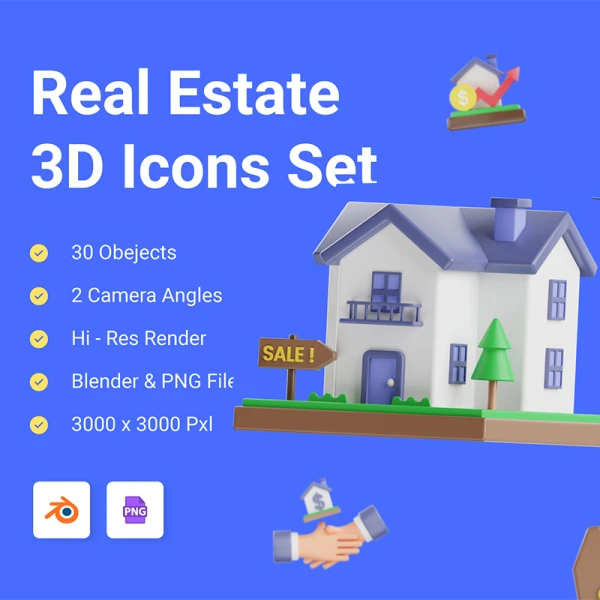 30款地产物业租房售房3D图标模型素材包 Real Estate 3D Icons Set  .blender .ai .figma