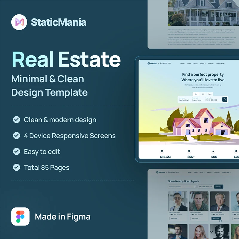 80屏完整现代优雅风格房地产租房售房网站设计模板 RealStatic - Real State Website Design  .figma缩略图到位啦UI
