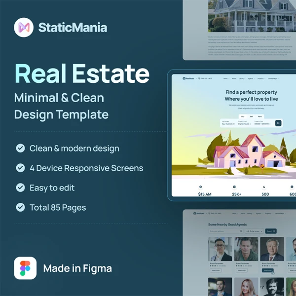 80屏完整现代优雅风格房地产租房售房网站设计模板 RealStatic - Real State Website Design  .figma