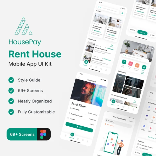 60屏房屋出租出售应用UI设计套件素材 Rent House App UI Kit  .figma