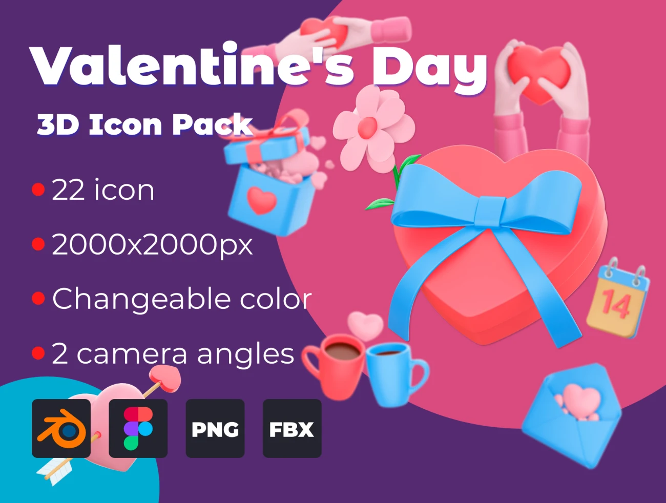 22款情人节3D图标原型素材下载 Valentine’s Day 3D Icon Pack  .blender插图1