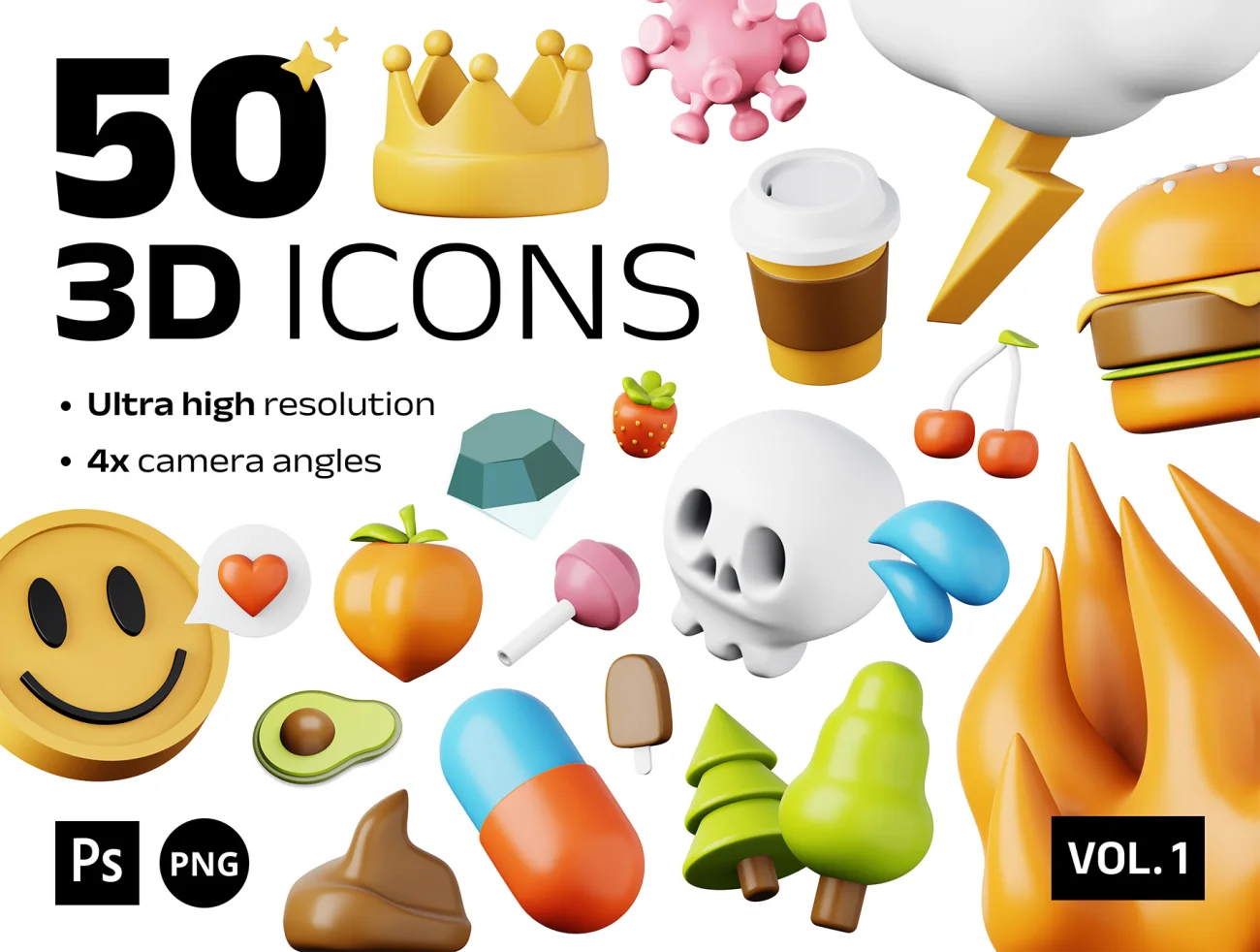 100款高质量表情天气食品3D图标模型素材 50 unique 3D icons .psd .figma .procreate插图1