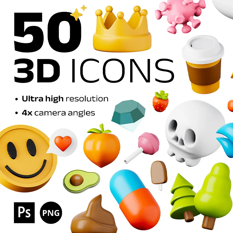 100款高质量表情天气食品3D图标模型素材 50 unique 3D icons .psd .figma .procreate缩略图到位啦UI