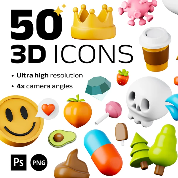 100款高质量表情天气食品3D图标模型素材 50 unique 3D icons .psd .figma .procreate