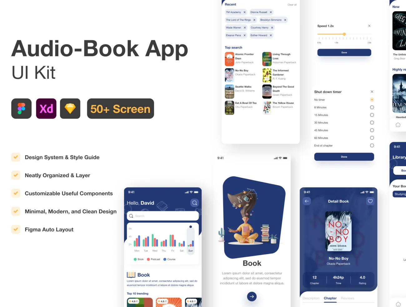 50屏有声电子书应用程序UI设计套件 Audio Book & Ebook Mobile App UI Kit .sketch .xd .figma-UI/UX、ui套件、主页、应用、播放器-到位啦UI