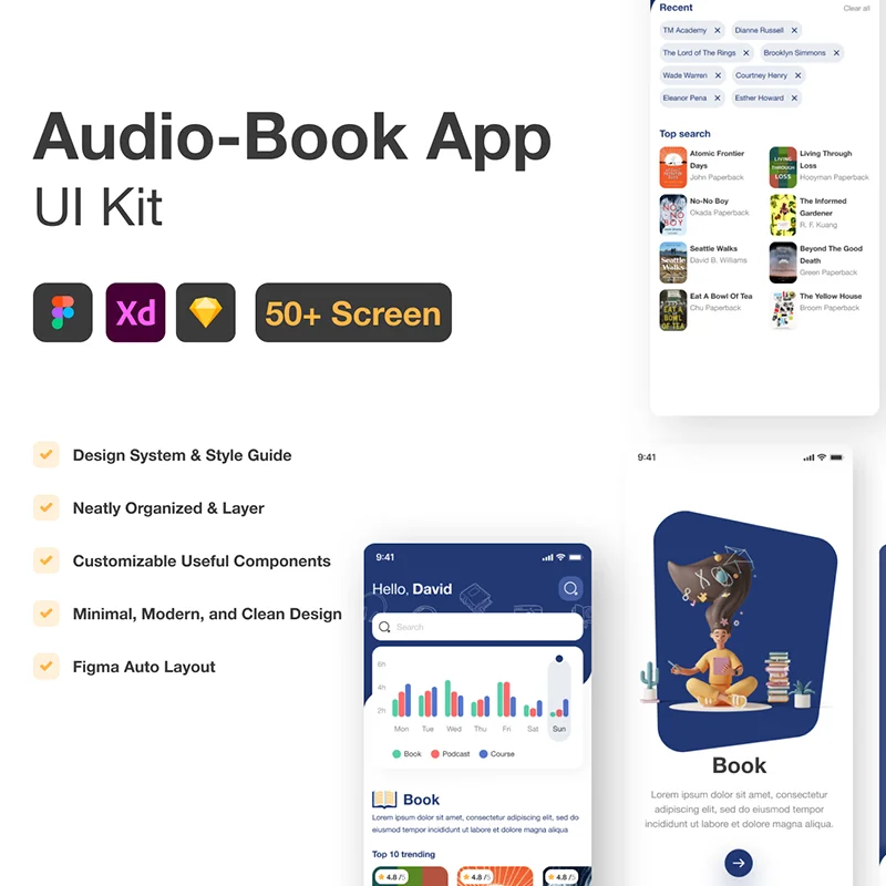 50屏有声电子书应用程序UI设计套件 Audio Book & Ebook Mobile App UI Kit .sketch .xd .figma缩略图到位啦UI