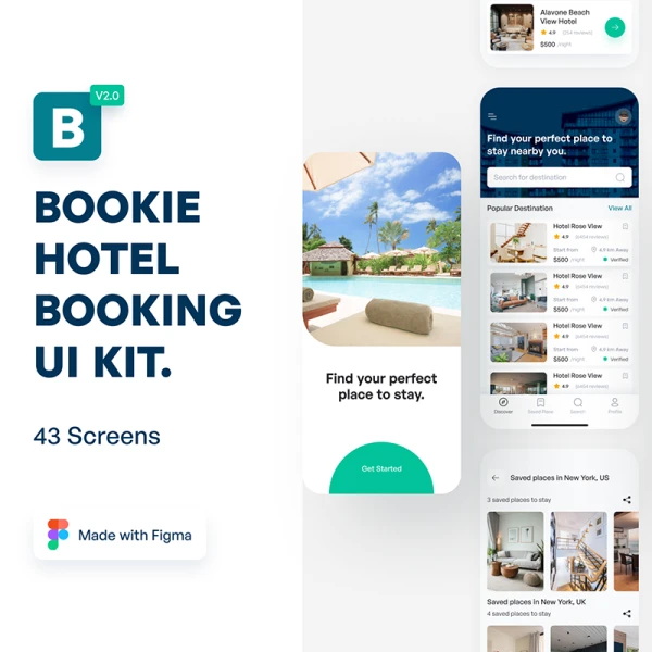 43屏酒店预订UI设计套件素材 BOOKIE Hotel Booking UI Kit V1 .xd .figma