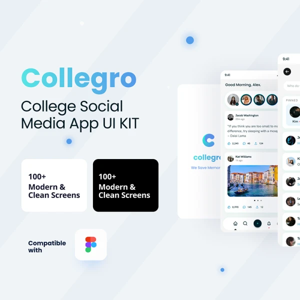 100屏大学社交应用UI设计套件 Collegro - A Premium College Social Media App UI Kit .figma