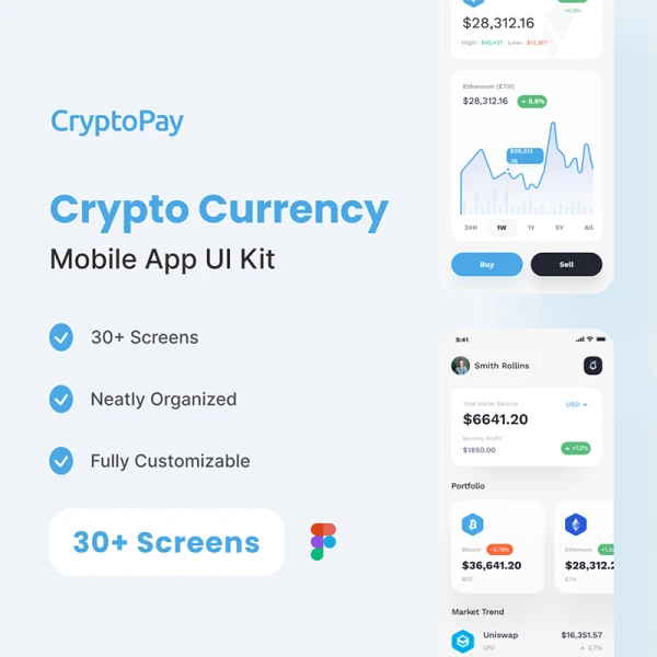 30屏加密钱包交易市场加密货币UI设计套件 Crypto Currency App UI Kit .figma
