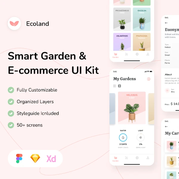 50屏智能化花园绿植养殖管理应用UI设计套件 Ecoland - Smart Garden Management App UI KIT .sketch .xd .figma