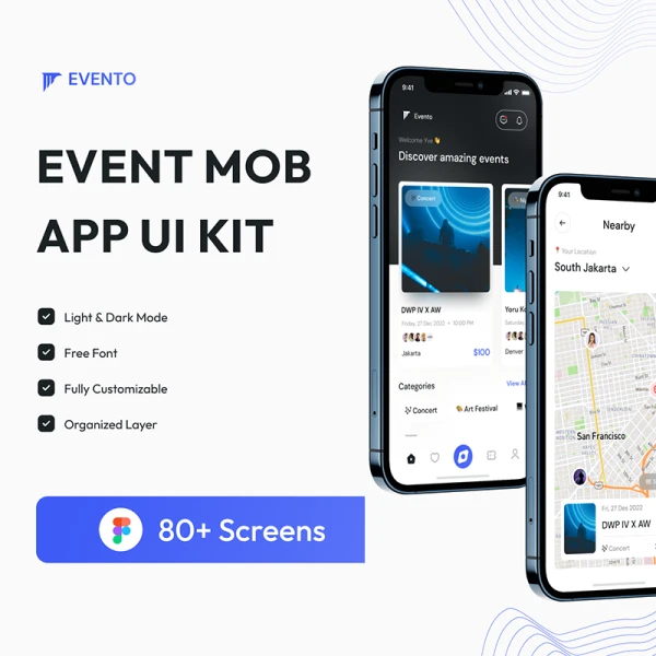 80屏活动娱乐票务预定平台应用设计套件 Evento - Event App .figma