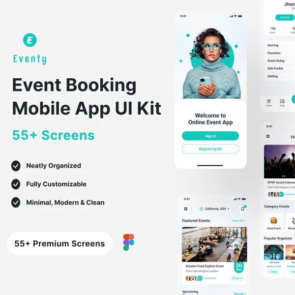 55屏活动娱乐票务预定平台应用设计套件 Eventy - Event Booking App UI Kit .figma