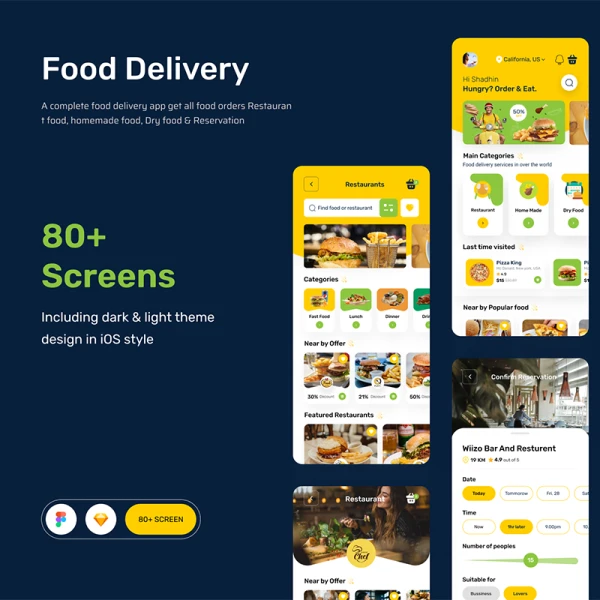 80屏食品外卖点餐配送应用UI设计套件 Food Delivery App .sketch .figma