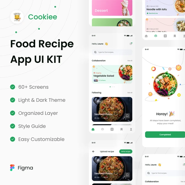 60屏美食食谱烹饪分享应用设计套件 Food Recipe UI KIT .figma