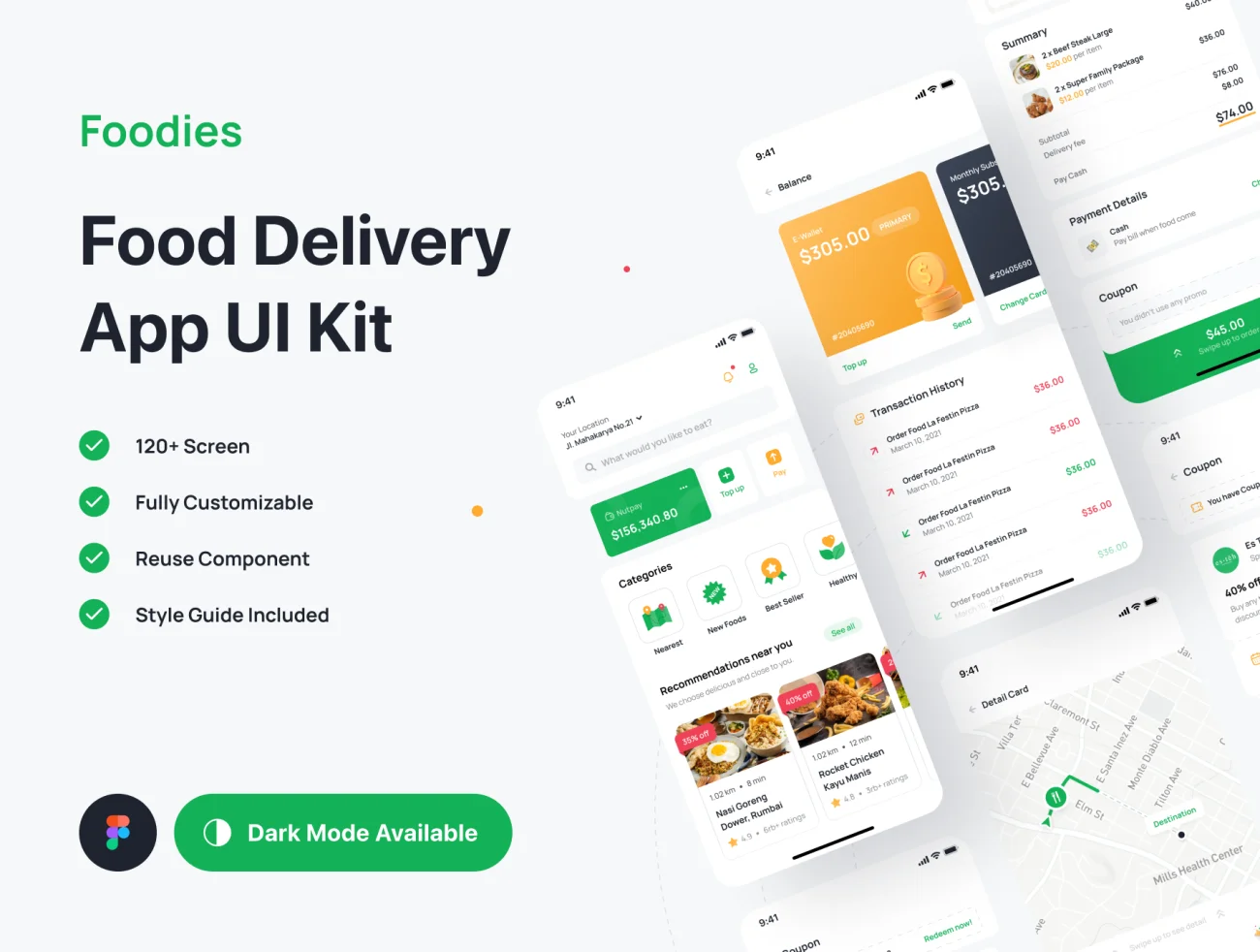 120屏外卖点餐配送应用UI设计套件 Foodies - Food Delivery App UI Kit .figma-UI/UX、ui套件、主页、付款、地图、应用、支付、网购、详情、预订-到位啦UI