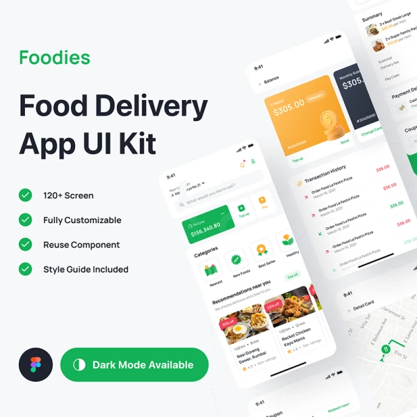 120屏外卖点餐配送应用UI设计套件 Foodies - Food Delivery App UI Kit .figma