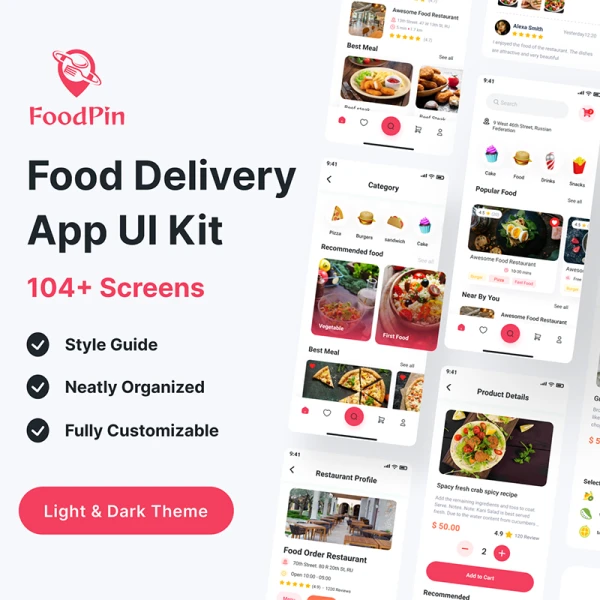 104屏外卖点餐配送应用UI设计套件 FoodPin - Food Delivery App UI Kit .figma