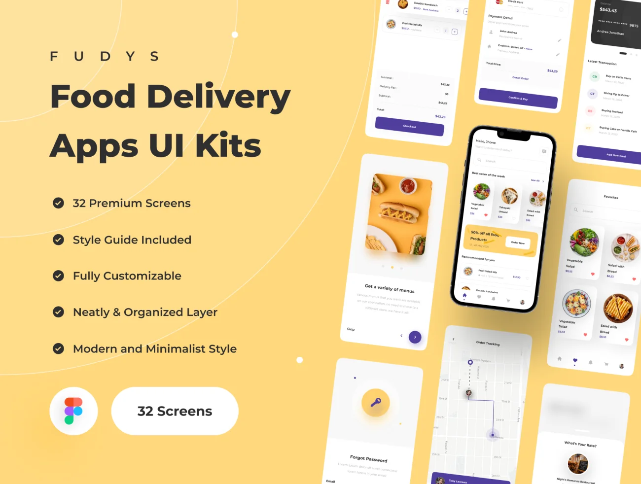 32屏外卖点餐配送应用UI设计套件 Fudys - Food Delivery Apps UI Kit .figma-UI/UX、ui套件、主页、应用、支付、网站、网购、详情、预订-到位啦UI