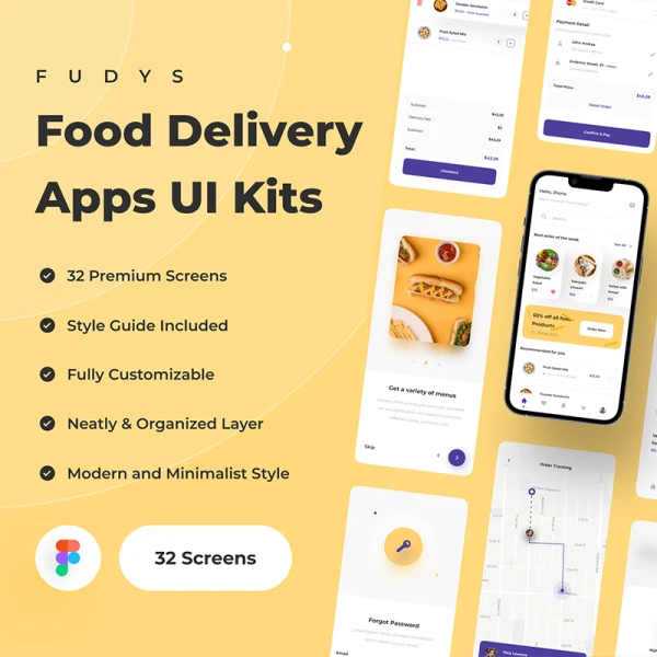 32屏外卖点餐配送应用UI设计套件 Fudys - Food Delivery Apps UI Kit .figma