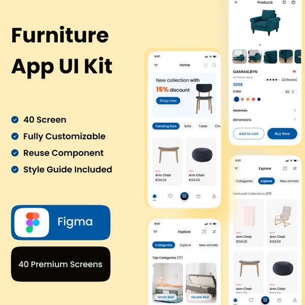 40屏家具网购应用UI设计套件 Furniture Mobile app .figma