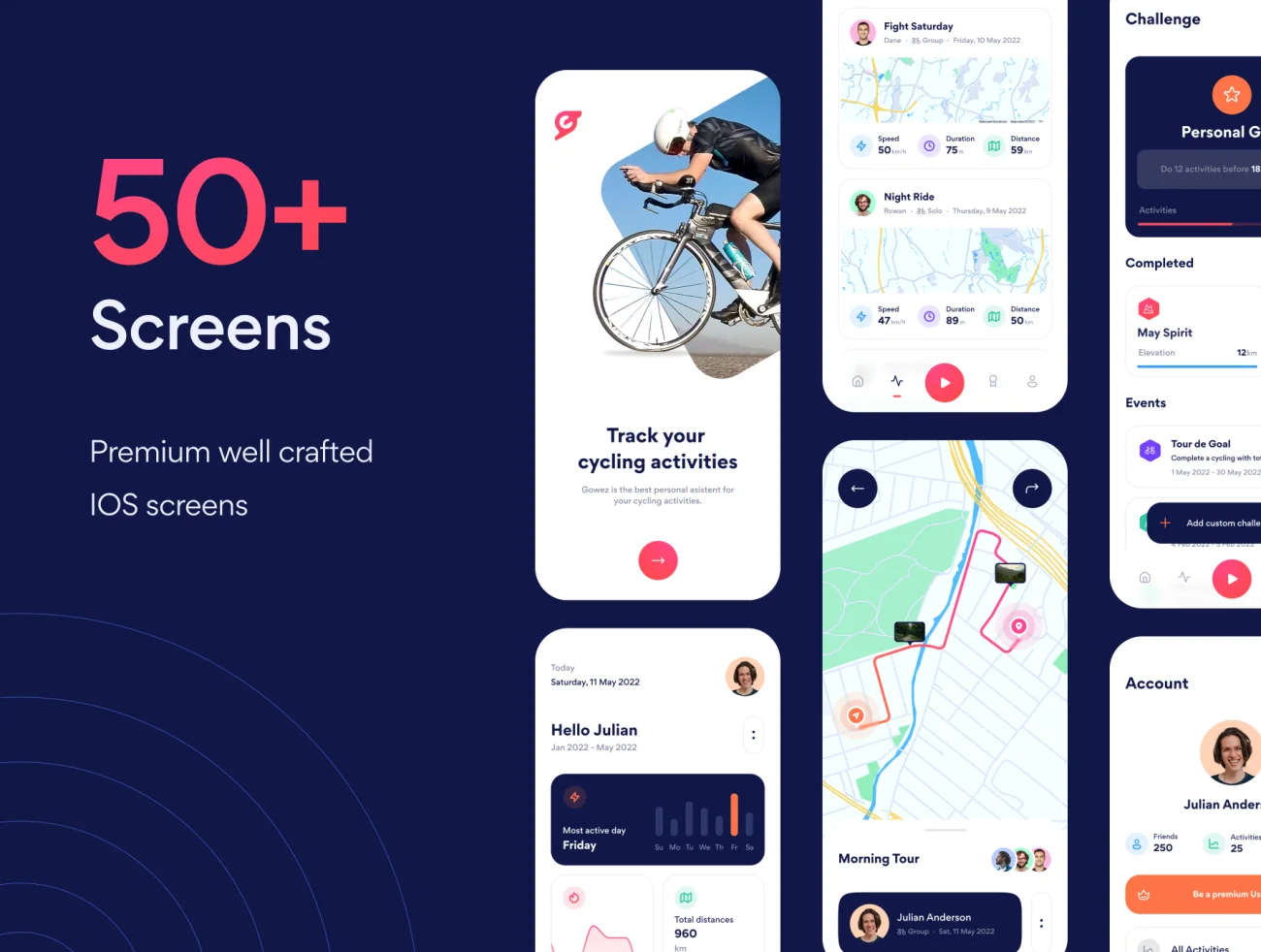50屏自行车骑行锻炼数据跟踪运动应用UI设计套件 Gowez – Sport Cycling Tracker App UI Kit .figma插图7