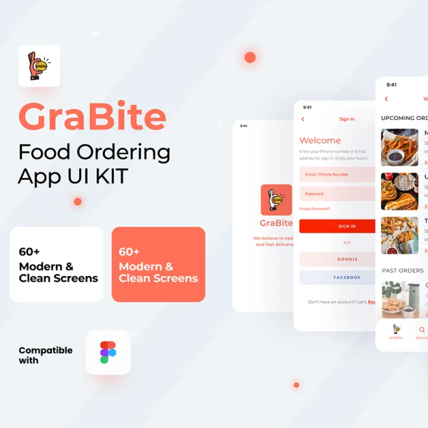 60屏外卖点餐配送应用UI设计套件 GraBite - A Food Order & Delivery App UI Kit .figma