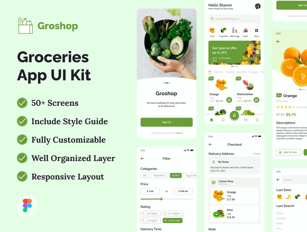 50屏生活百货蔬菜水果采购应用UI设计套件 Groshop – Groceries App UI Kit .figma插图1