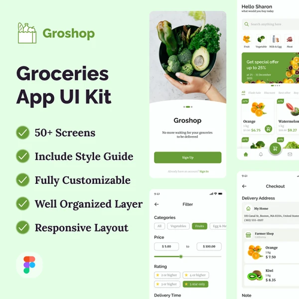 50屏生活百货蔬菜水果采购应用UI设计套件 Groshop - Groceries App UI Kit .figma