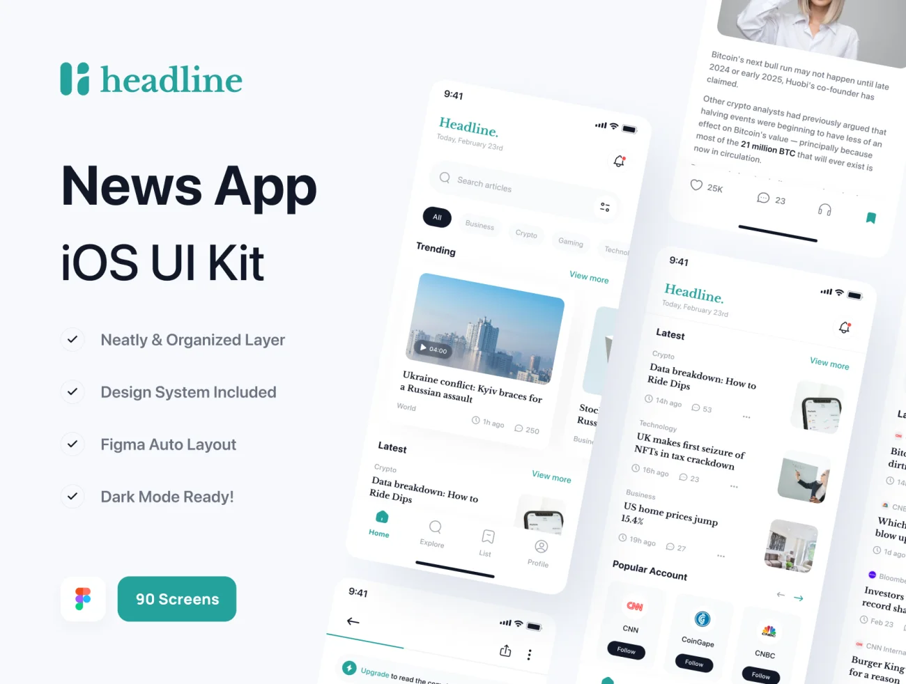85屏新闻应用UI设计套件 Headline - News App UI Kit .figma-UI/UX、ui套件、主页、介绍、列表、博客、图表、应用、表单、详情-到位啦UI