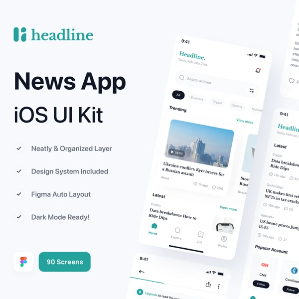 85屏新闻应用UI设计套件 Headline - News App UI Kit .figma