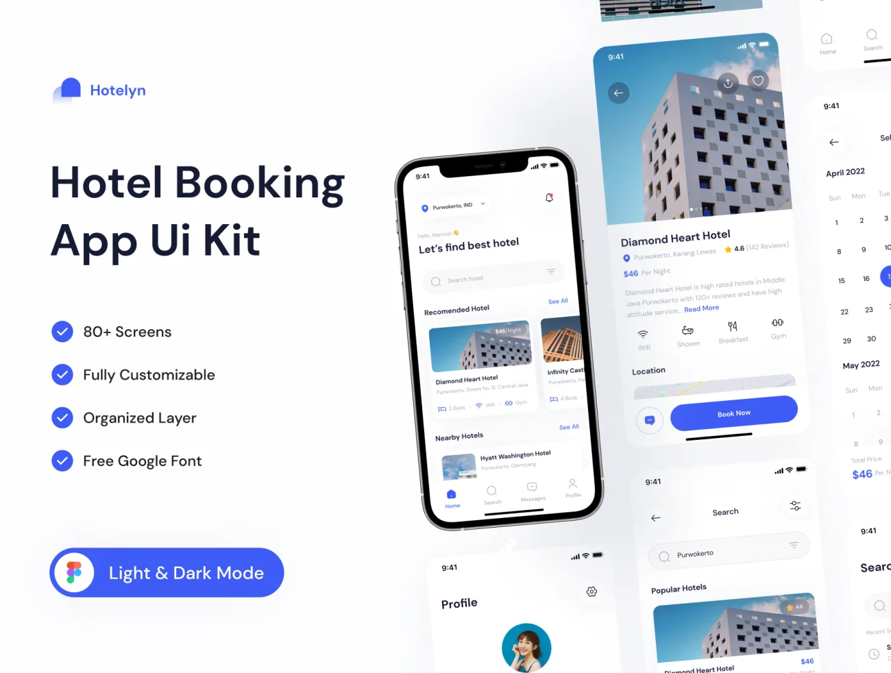 80屏酒店预订应用程序UI设计套件 Hotelyn-Hotel Booking App .figma-UI/UX、ui套件、主页、介绍、列表、地图、应用、数据可视化-仪表板、网站、详情、预订-到位啦UI