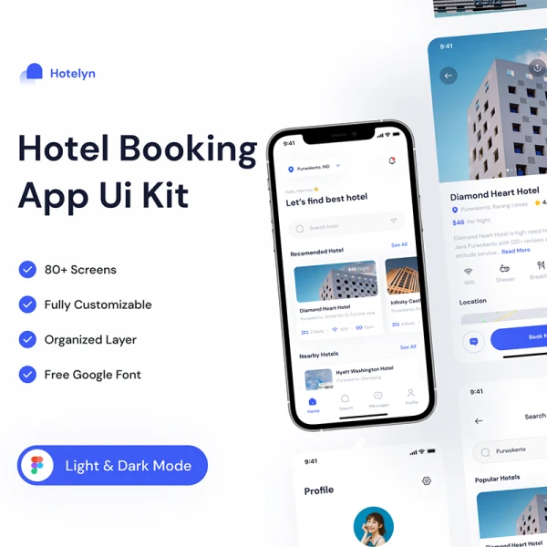 80屏酒店预订应用程序UI设计套件 Hotelyn-Hotel Booking App .figma