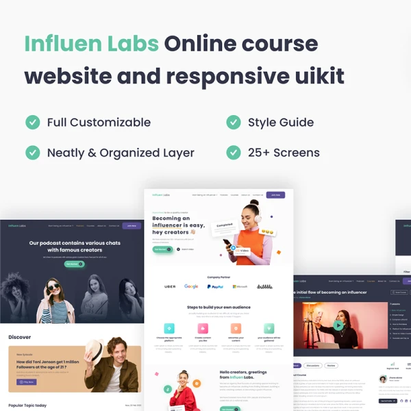 25屏在线教育动态响应网站设计模板 Influen Labs - Online Course for Inluencer website and responsive uikit .figma