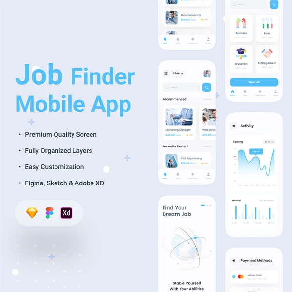 30屏求职招聘应用UI设计套件 Job Finder App .sketch .xd .figma