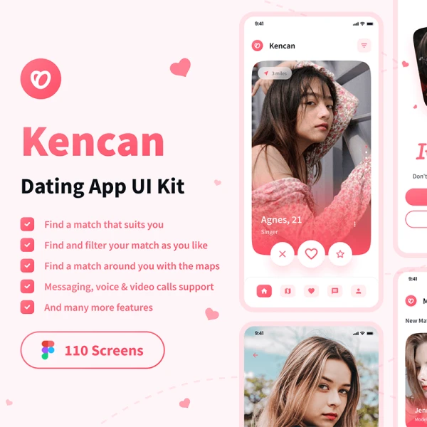 110屏约会相亲社交手机应用UI设计套件 Kencan - Dating App UI Kit .figma