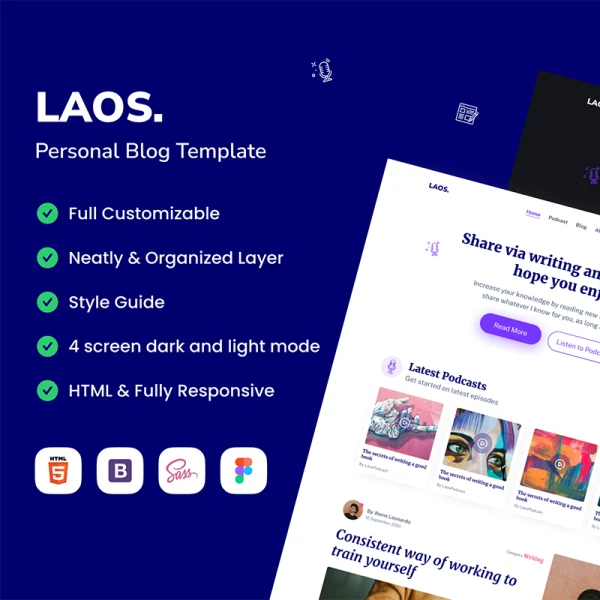 4款高级个人博客模板含源码 Laos - Premium Personal Blog .html .figma .sass .bootstrap