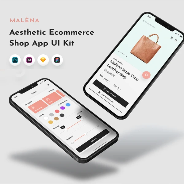 22屏时尚箱包网购应用UI设计套件 Malena - Shopping Mobile UI Kit .sketch .psd .xd .figma
