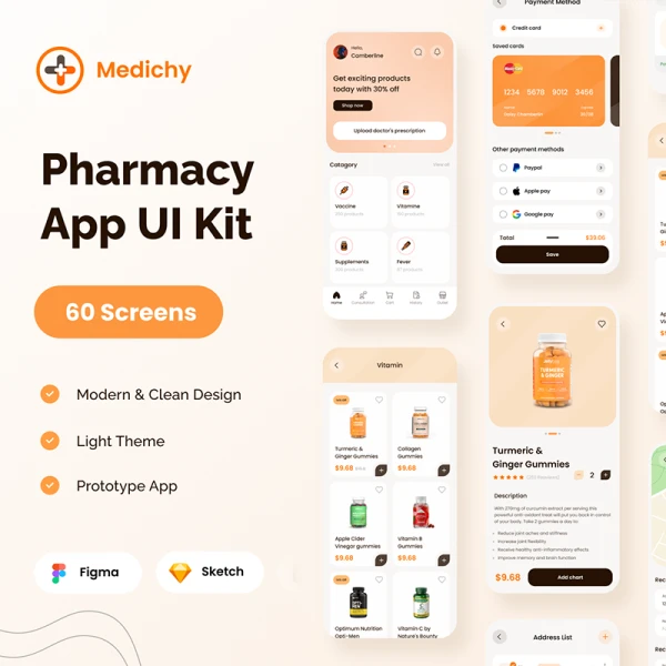 60屏在线药房买药应用UI设计套件 Medicine App UI Kit .sketch .xd .figma
