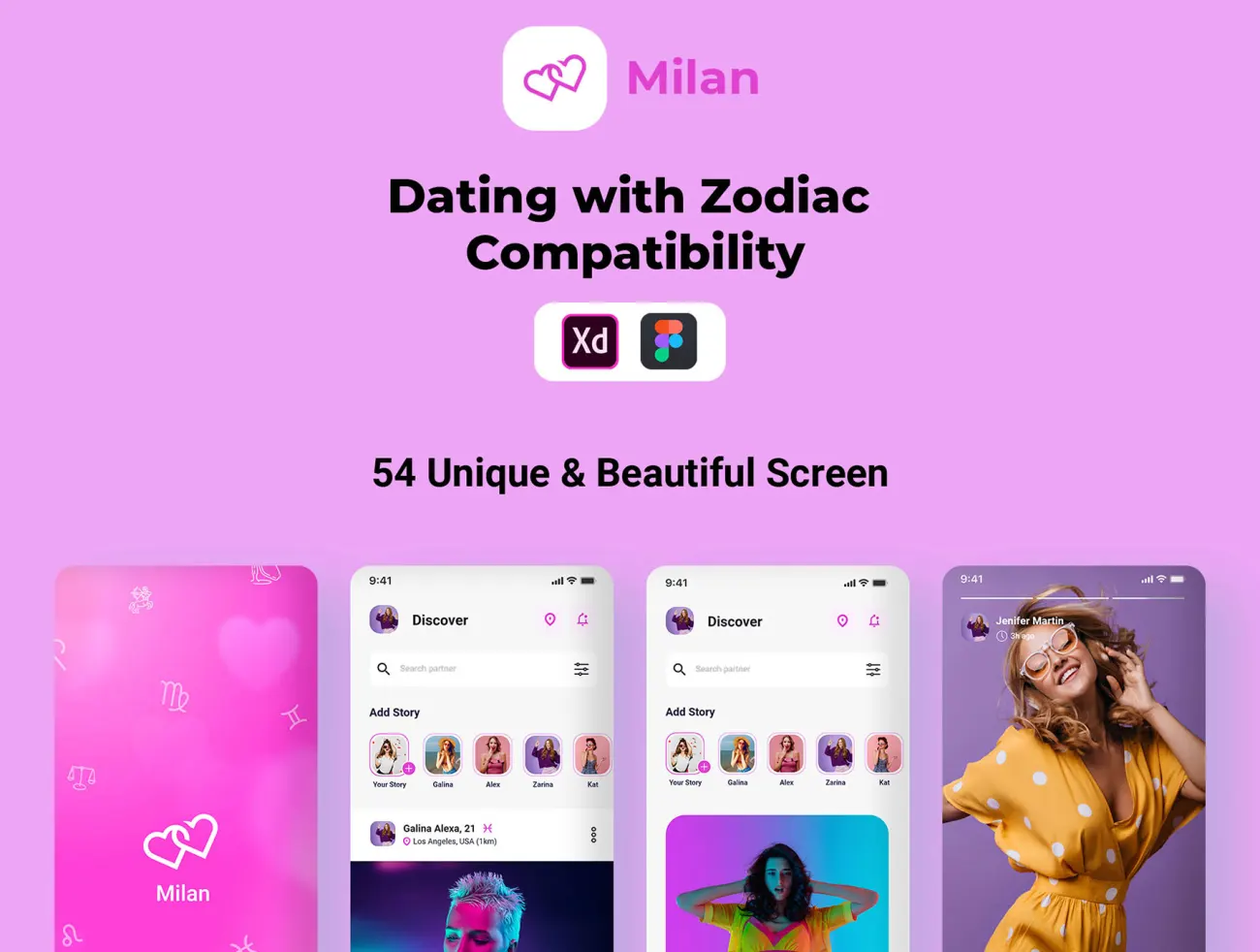 54屏生肖匹配在线约会平台应用UI设计套件 Milan - Dating with Zodiac Compatibility .xd .figma-UI/UX、ui套件、主页、介绍、应用、登录页、网购、表单、详情-到位啦UI
