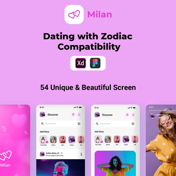 54屏生肖匹配在线约会平台应用UI设计套件 Milan - Dating with Zodiac Compatibility .xd .figma