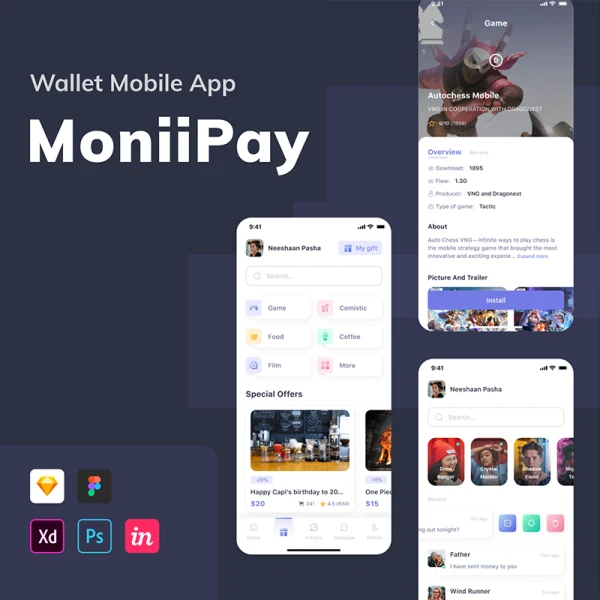 订票支付钱包应用UI设计套件 MoniiPay - Wallet Mobile App .figma .sketch .studio .xd .psd