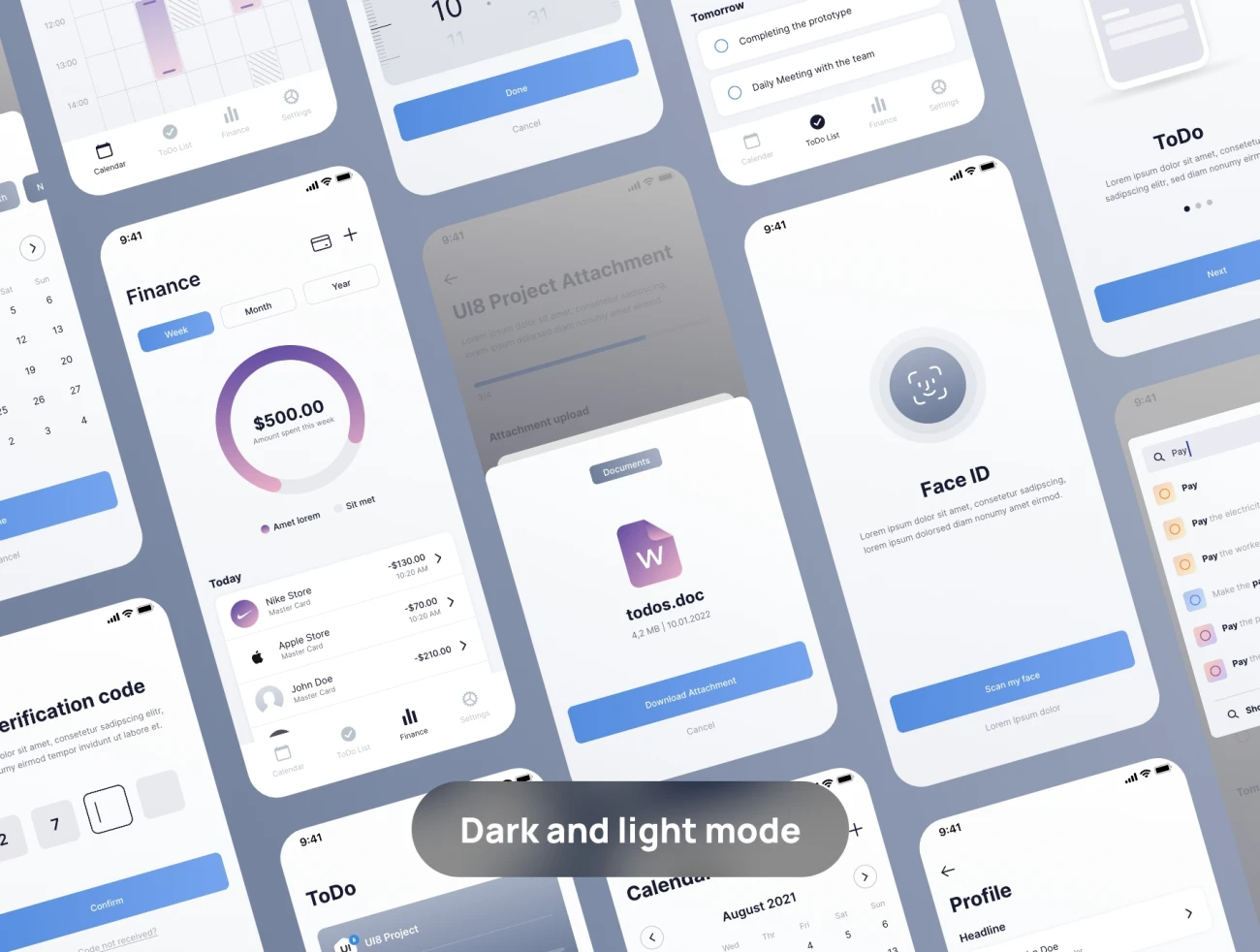 120屏金融日历待办事项应用UI设计工具包素材 Organize Pro – Finance, Calendar and ToDo App .sketch .xd .figma-UI/UX、ui套件、主页、付款、列表、卡片式、图表、地图、应用、播放器、日历、表单-到位啦UI