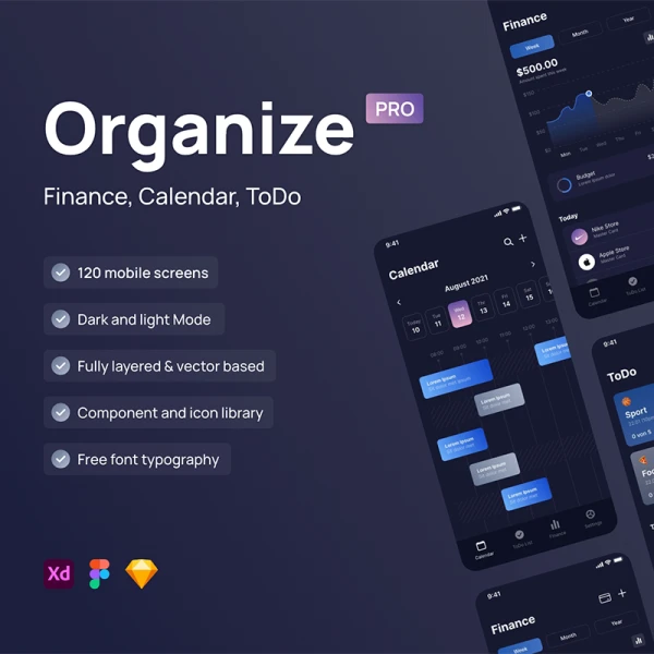 120屏金融日历待办事项应用UI设计工具包素材 Organize Pro – Finance, Calendar and ToDo App .sketch .xd .figma