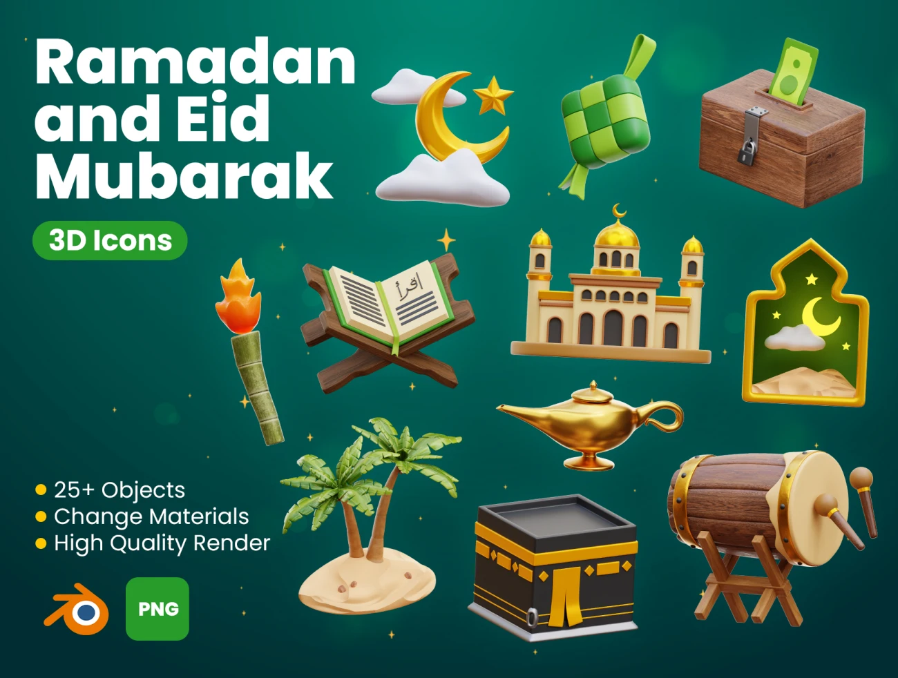 25款穆斯林中东风格3D图标模型素材 Ramadan and Eid Mubarak 3D Icons .blender .psd插图1