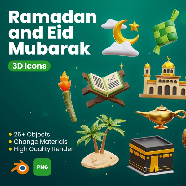 25款穆斯林中东风格3D图标模型素材 Ramadan and Eid Mubarak 3D Icons .blender .psd