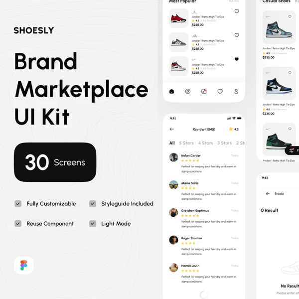 30屏时尚潮流鞋履电商网购平台UI设计套件 Shoesly - Brand Marketplace App UI Kit .figma